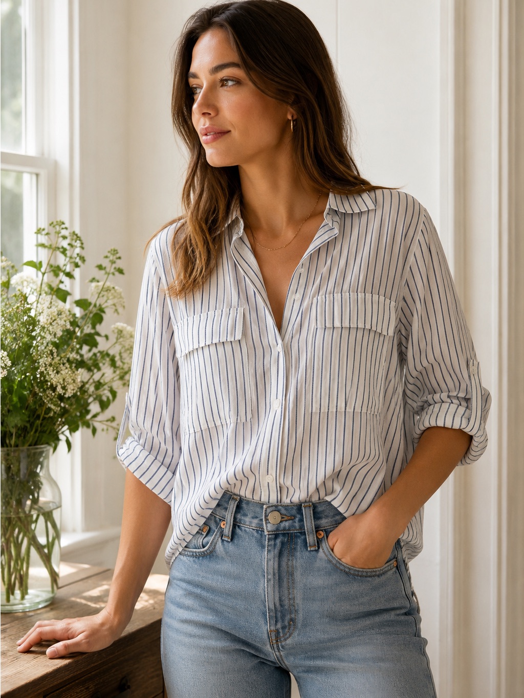 Aritzia Babaton Utility Lyocell Stripe Button Up Shirt Roll Tab Sleeves Sz Small